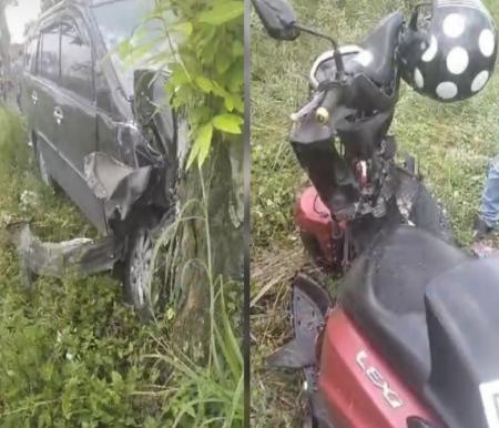 Kecelakaan mobil tabrak motor dan pohon di Jalan Pramuka, Rumbai, Pekanbaru (foto/ist)