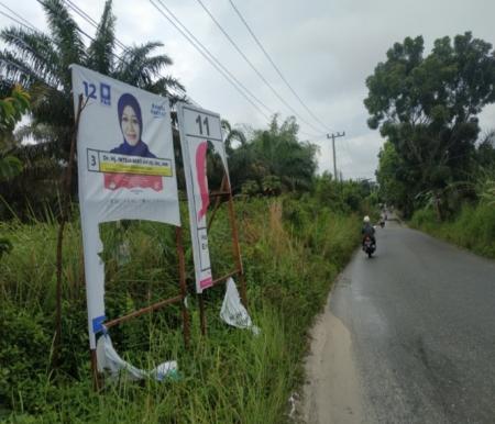 Spanduk Calon DPD RI, Hopea Ingvirnia Erwin dirusak di daerah Rumbai Bukit, Pekanbaru (foto/riki)