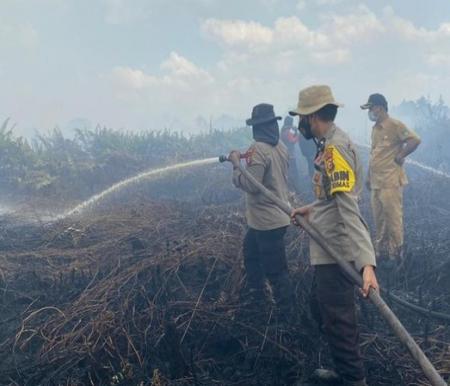 Petugas memadamkan api di lahan terbakar wilayah Rokan Hulu
